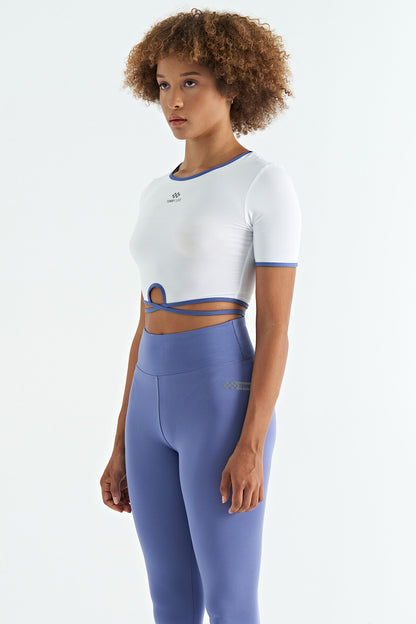 White Tie-Waist Detailed O Neck Standard Fit Scuba Fabric Women's Crop T-Shirt - 97266