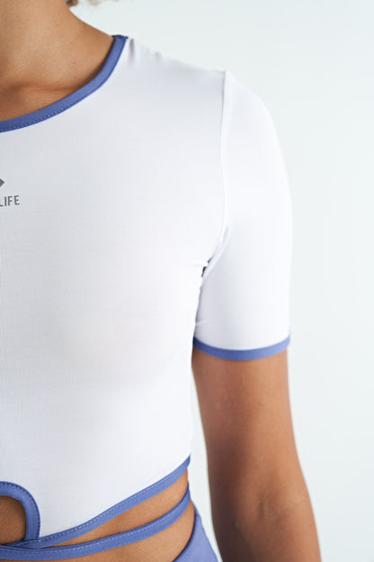 White Tie-Waist Detailed O Neck Standard Fit Scuba Fabric Women's Crop T-Shirt - 97266
