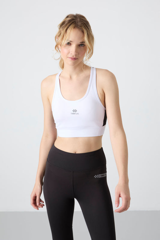White Cross Back Detailed Slim Fit U Collar Padded Women's Sports Bra - 97121