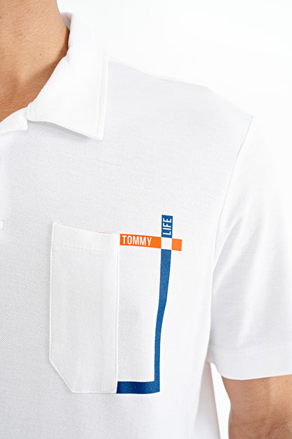 White Neck Detailed Printed Standard Cut Polo Collar Men's T-Shirt - 88241