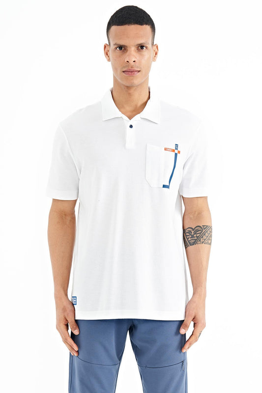White Neck Detailed Printed Standard Cut Polo Collar Men's T-Shirt - 88241