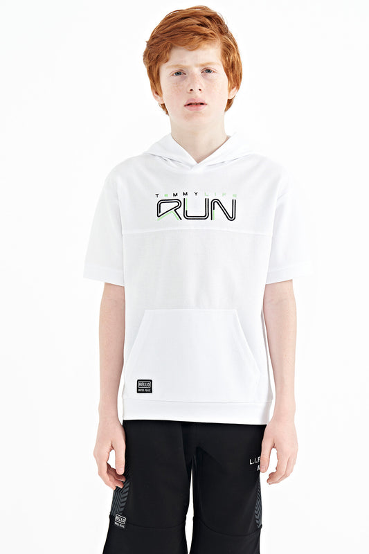 White Kangaroo Pocket Hooded Oversize Boys T-Shirt - 11160
