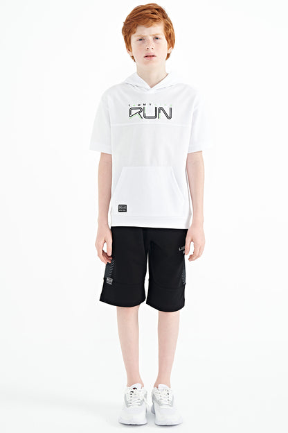 White Kangaroo Pocket Hooded Oversize Boys T-Shirt - 11160