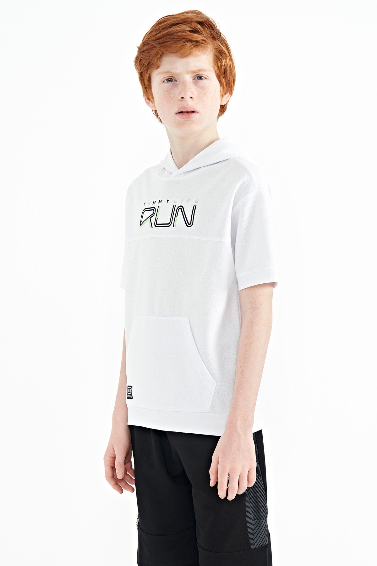 White Kangaroo Pocket Hooded Oversize Boys T-Shirt - 11160