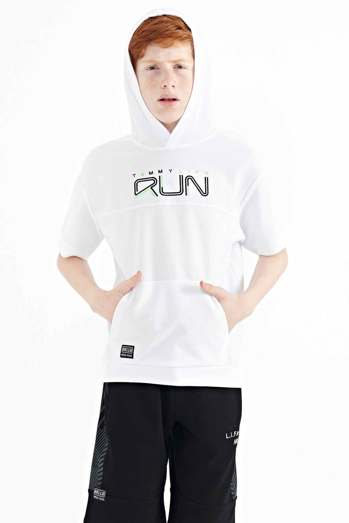White Kangaroo Pocket Hooded Oversize Boys T-Shirt - 11160