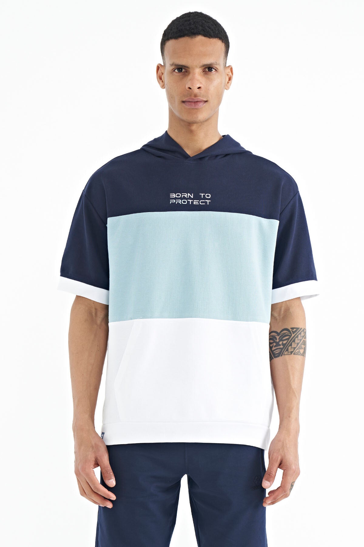 White Hooded Print Detailed Oversize Men's T-Shirt - 88191
