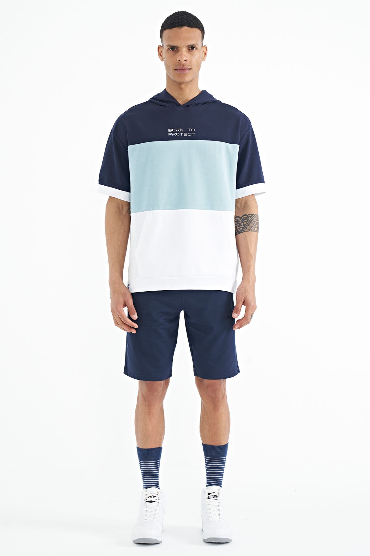 White Hooded Print Detailed Oversize Men's T-Shirt - 88191