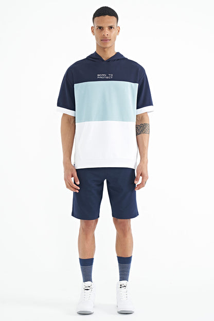 White Hooded Print Detailed Oversize Men's T-Shirt - 88191