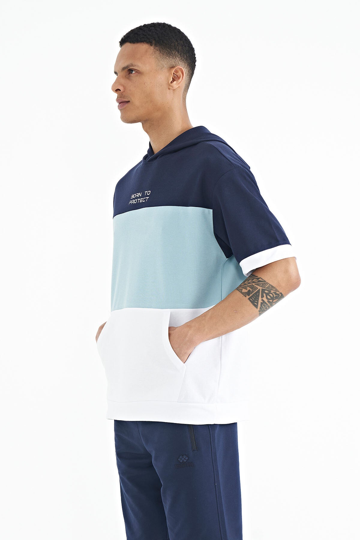 White Hooded Print Detailed Oversize Men's T-Shirt - 88191