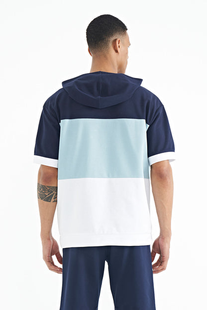 White Hooded Print Detailed Oversize Men's T-Shirt - 88191
