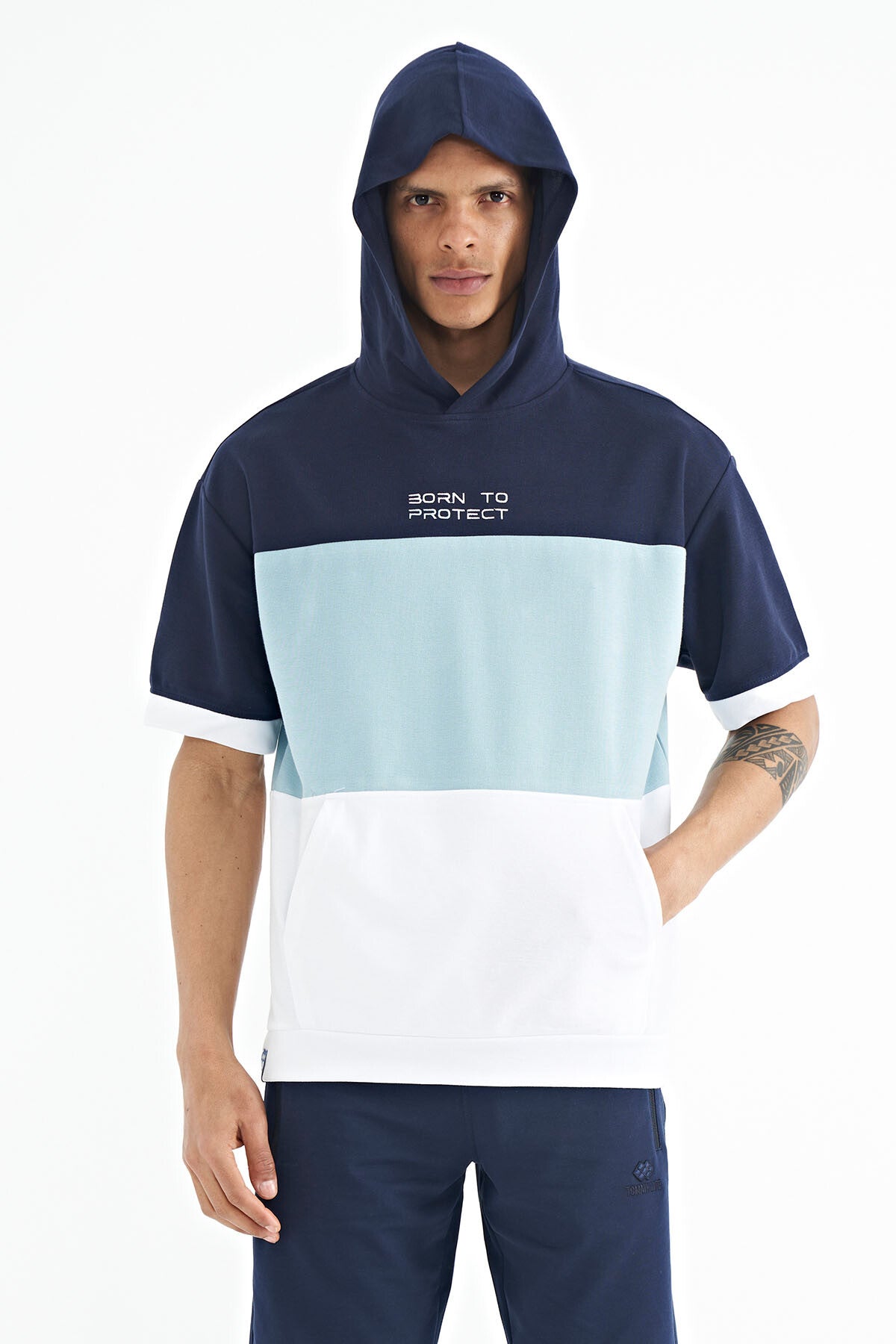 White Hooded Print Detailed Oversize Men's T-Shirt - 88191