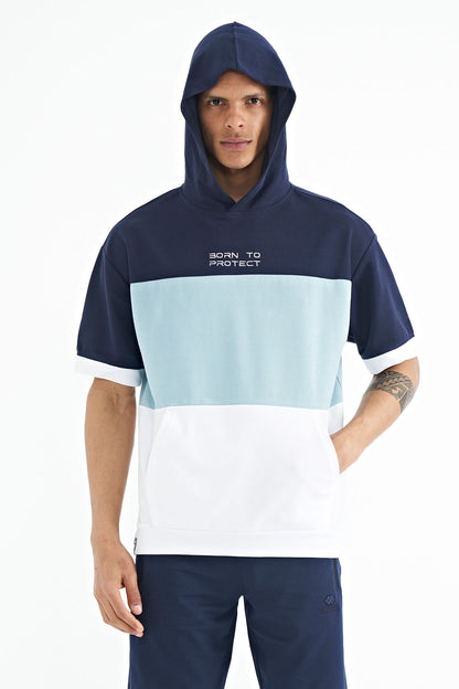 White Hooded Print Detailed Oversize Men's T-Shirt - 88191
