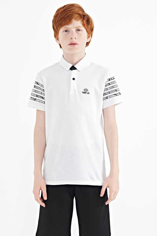 White Sleeve Print Detailed Standard Pattern Polo Collar Boys T-Shirt - 11093