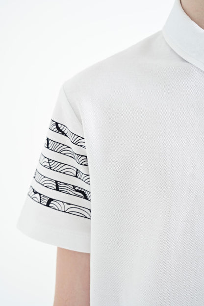 White Sleeve Print Detailed Standard Pattern Polo Collar Boys T-Shirt - 11093