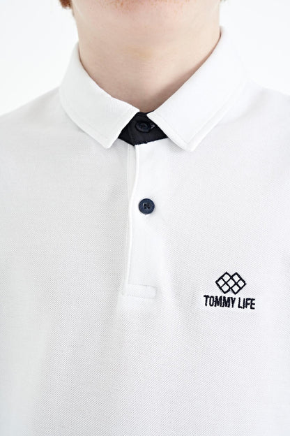 White Sleeve Print Detailed Standard Pattern Polo Collar Boys T-Shirt - 11093