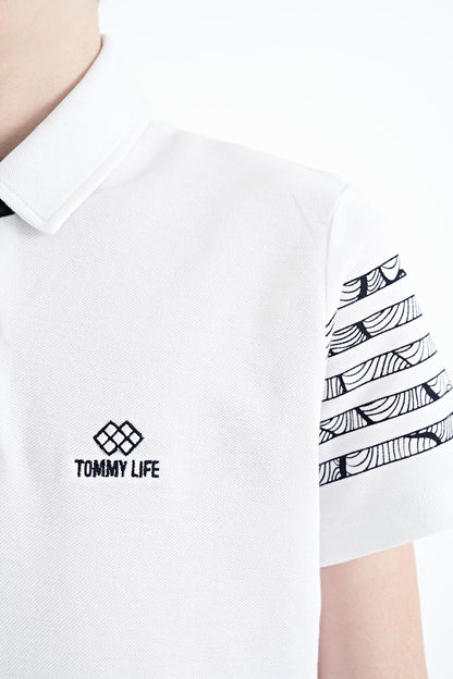 White Sleeve Print Detailed Standard Pattern Polo Collar Boys T-Shirt - 11093