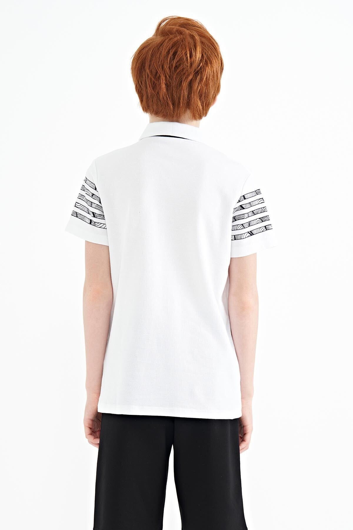 White Sleeve Print Detailed Standard Pattern Polo Collar Boys T-Shirt - 11093