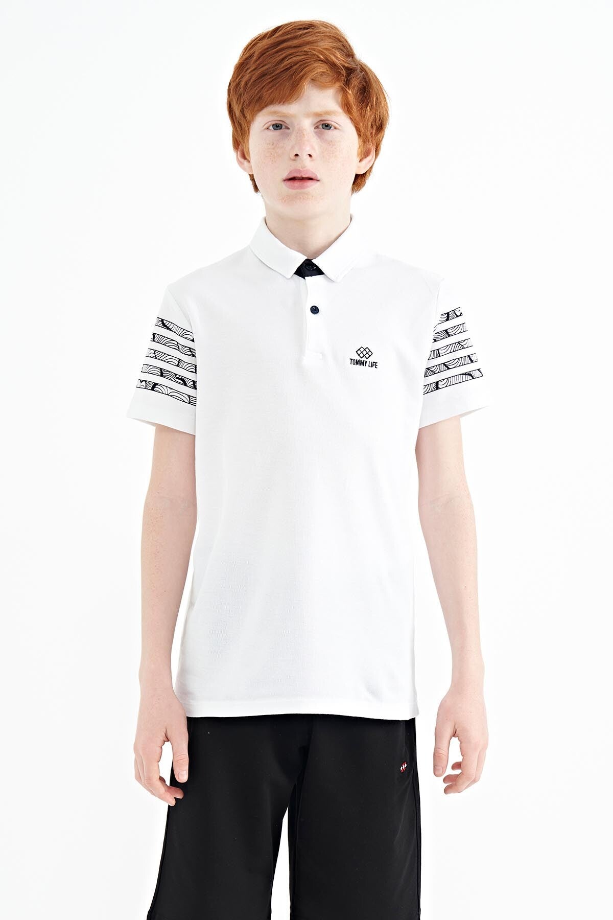 White Sleeve Print Detailed Standard Pattern Polo Collar Boys T-Shirt - 11093