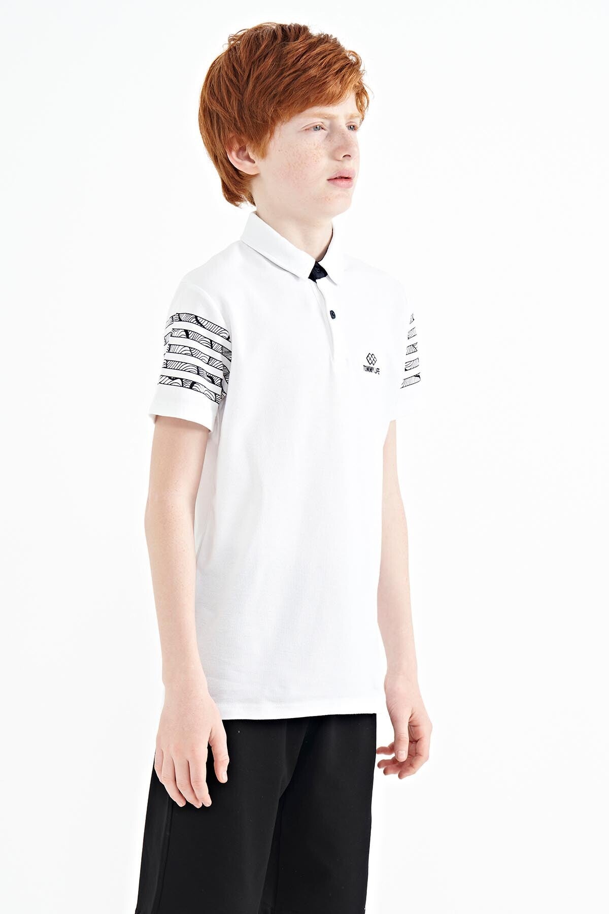 White Sleeve Print Detailed Standard Pattern Polo Collar Boys T-Shirt - 11093