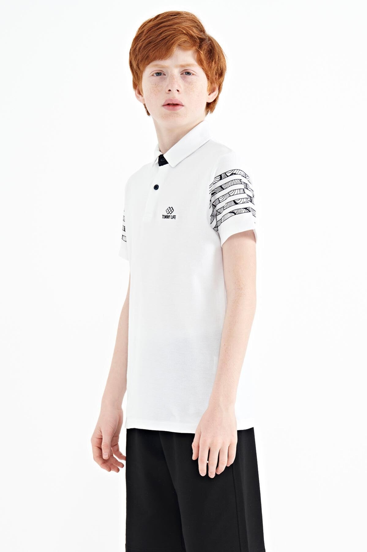 White Sleeve Print Detailed Standard Pattern Polo Collar Boys T-Shirt - 11093