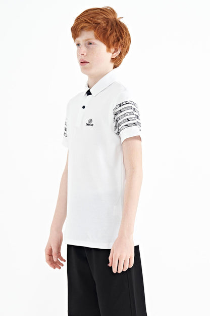 White Sleeve Print Detailed Standard Pattern Polo Collar Boys T-Shirt - 11093