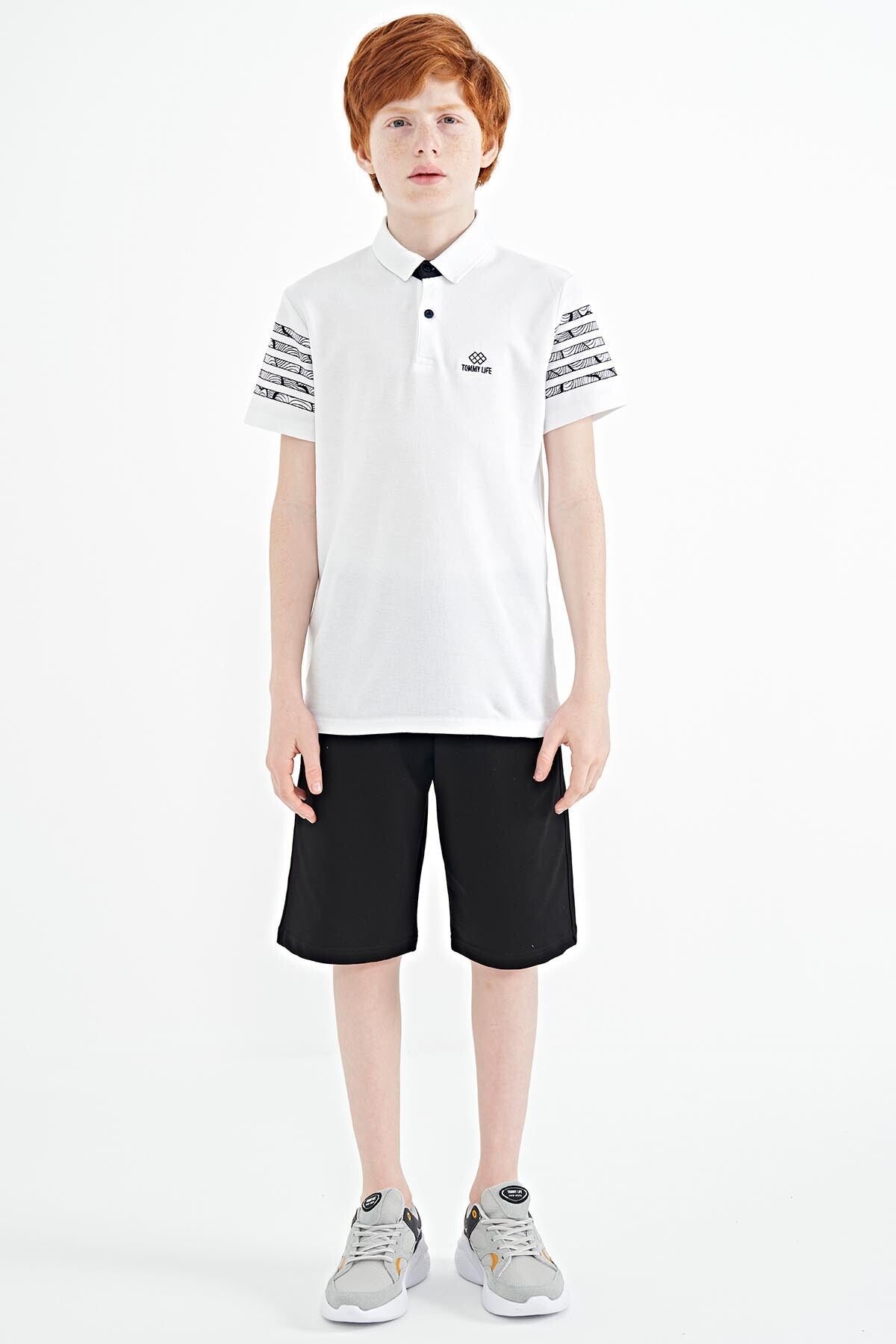 White Sleeve Print Detailed Standard Pattern Polo Collar Boys T-Shirt - 11093
