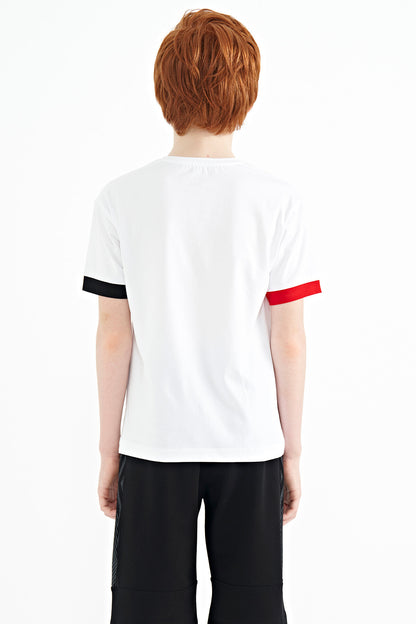Colored Cuff Detailed Printed Oversize Boys' T-Shirt - 11137