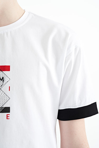 Colored Cuff Detailed Printed Oversize Boys' T-Shirt - 11137