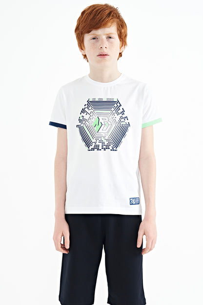 Colorful Detailed Printed Standard Cut White Cuffed Sleeve Boys' T-Shirt - 11156