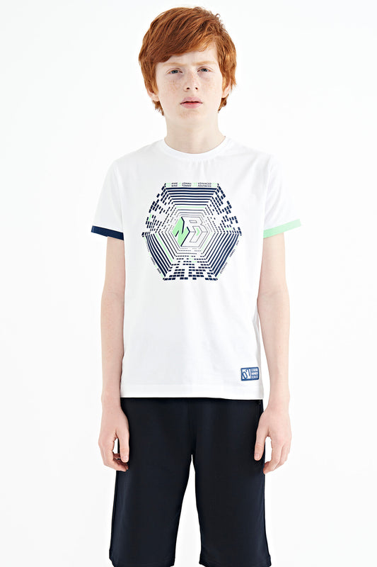 Colorful Detailed Printed Standard Cut White Cuffed Sleeve Boys' T-Shirt - 11156