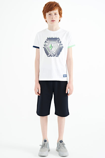 Colorful Detailed Printed Standard Cut White Cuffed Sleeve Boys' T-Shirt - 11156