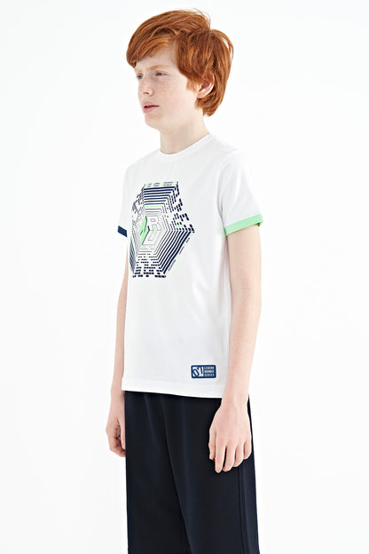 Colorful Detailed Printed Standard Cut White Cuffed Sleeve Boys' T-Shirt - 11156