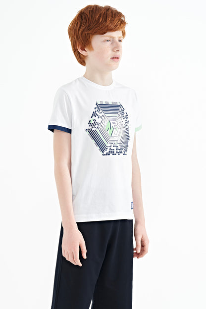 Colorful Detailed Printed Standard Cut White Cuffed Sleeve Boys' T-Shirt - 11156