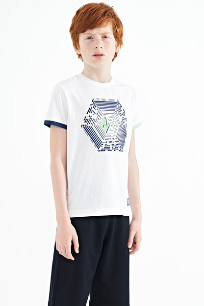Colorful Detailed Printed Standard Cut White Cuffed Sleeve Boys' T-Shirt - 11156