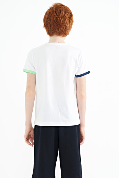 Colorful Detailed Printed Standard Cut White Cuffed Sleeve Boys' T-Shirt - 11156
