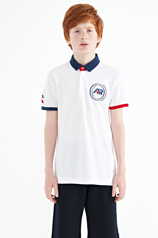 White Cuff Colored Logo Embroidered Standard Fit Polo Collar Boys T-Shirt - 11138