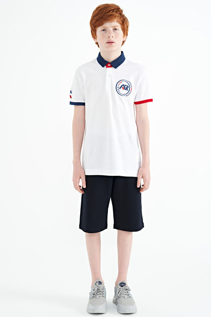 White Cuff Colored Logo Embroidered Standard Fit Polo Collar Boys T-Shirt - 11138