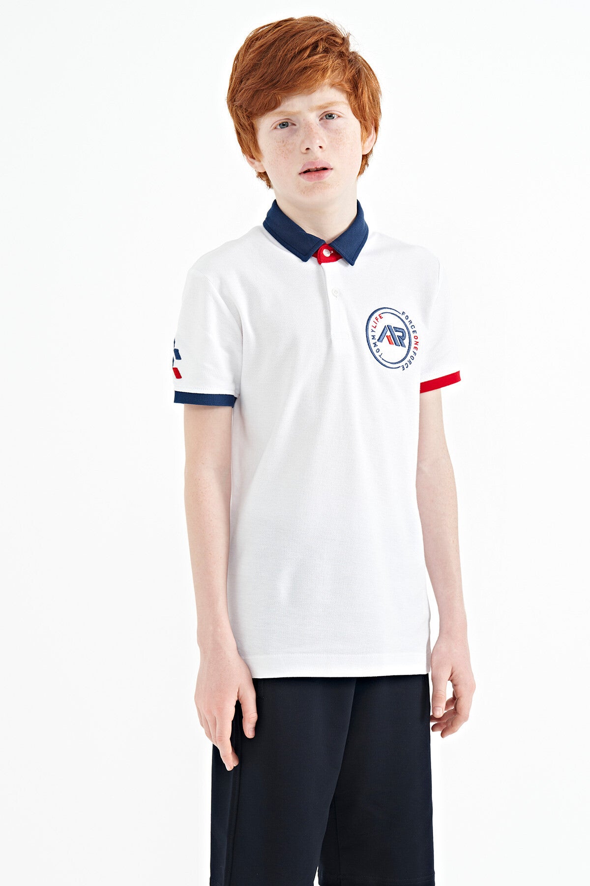 White Cuff Colored Logo Embroidered Standard Fit Polo Collar Boys T-Shirt - 11138