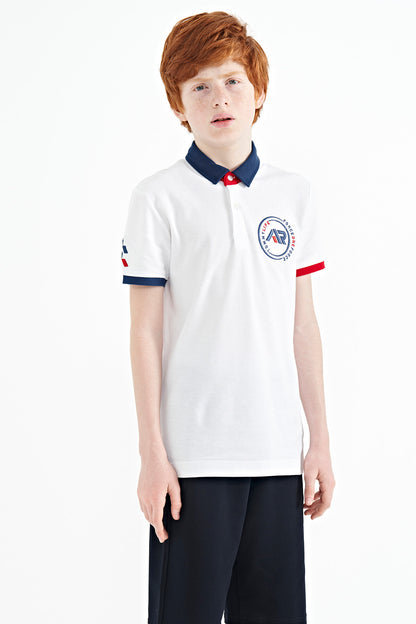 White Cuff Colored Logo Embroidered Standard Fit Polo Collar Boys T-Shirt - 11138