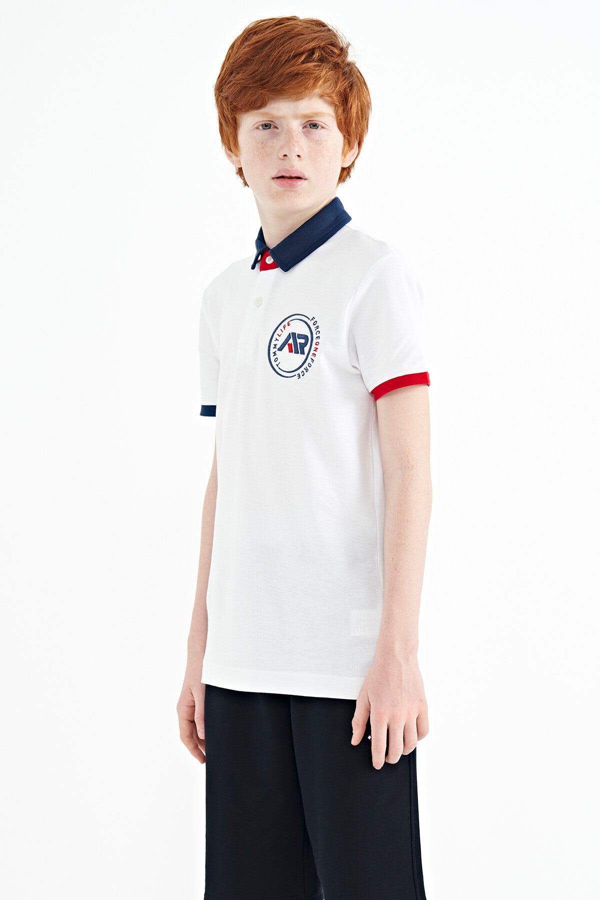 White Cuff Colored Logo Embroidered Standard Fit Polo Collar Boys T-Shirt - 11138