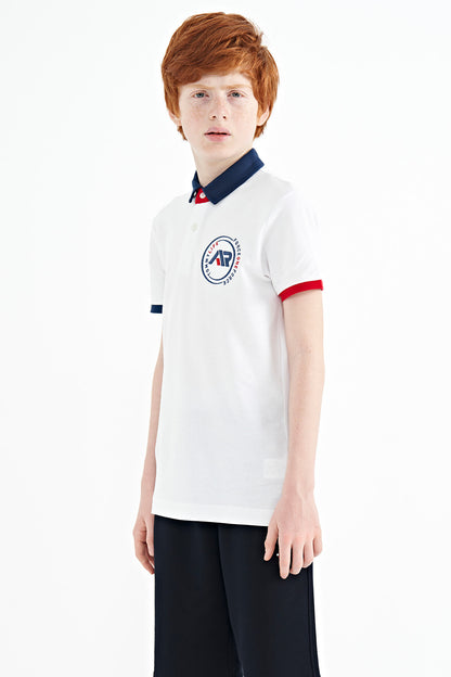 White Cuff Colored Logo Embroidered Standard Fit Polo Collar Boys T-Shirt - 11138