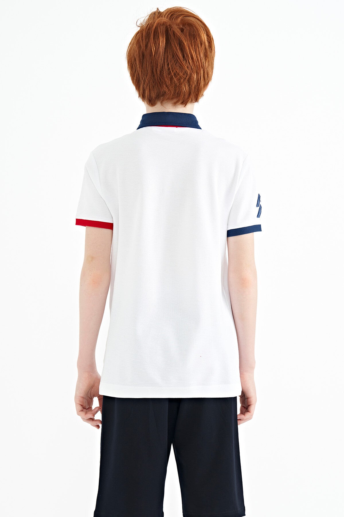 White Cuff Colored Logo Embroidered Standard Fit Polo Collar Boys T-Shirt - 11138