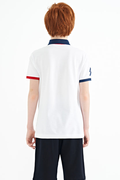 White Cuff Colored Logo Embroidered Standard Fit Polo Collar Boys T-Shirt - 11138