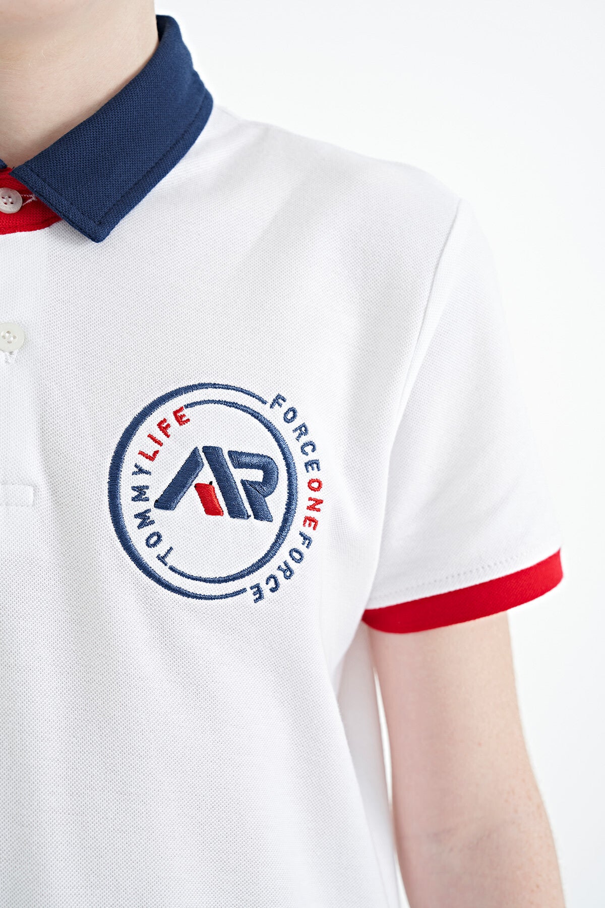 White Cuff Colored Logo Embroidered Standard Fit Polo Collar Boys T-Shirt - 11138