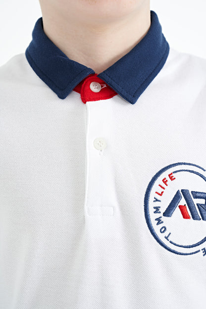 White Cuff Colored Logo Embroidered Standard Fit Polo Collar Boys T-Shirt - 11138