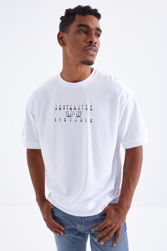 White Small Letter Embroidered O Collar Men's Oversize T-Shirt - 88103