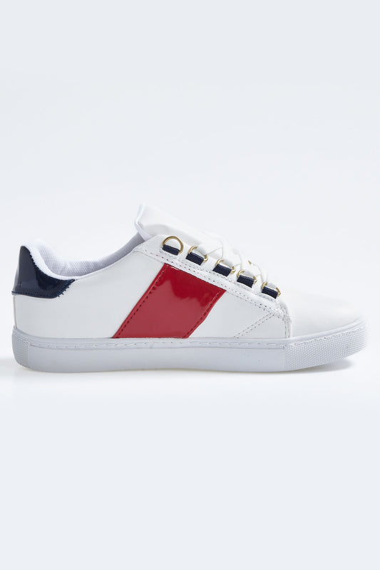 White - Navy Blue Laced Strip Detailed PU Leather Women's Sports Shoes - 89202