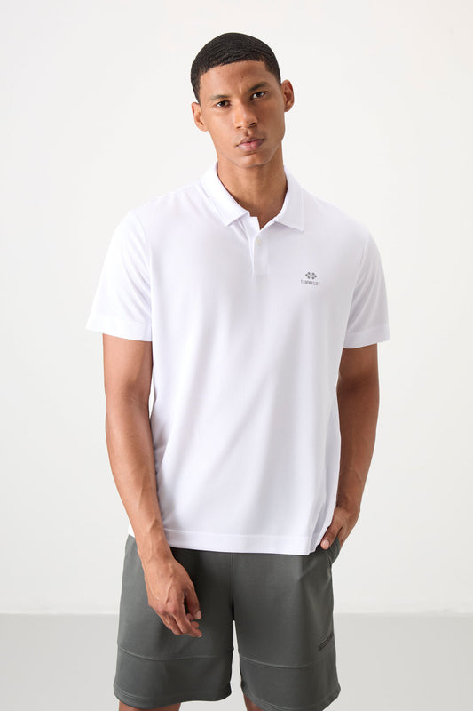 White Logo Printed Standard Fit Polo Collar Active Sports Men's T-Shirt - 88252