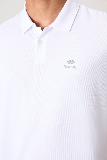 White Logo Printed Standard Fit Polo Collar Active Sports Men's T-Shirt - 88252