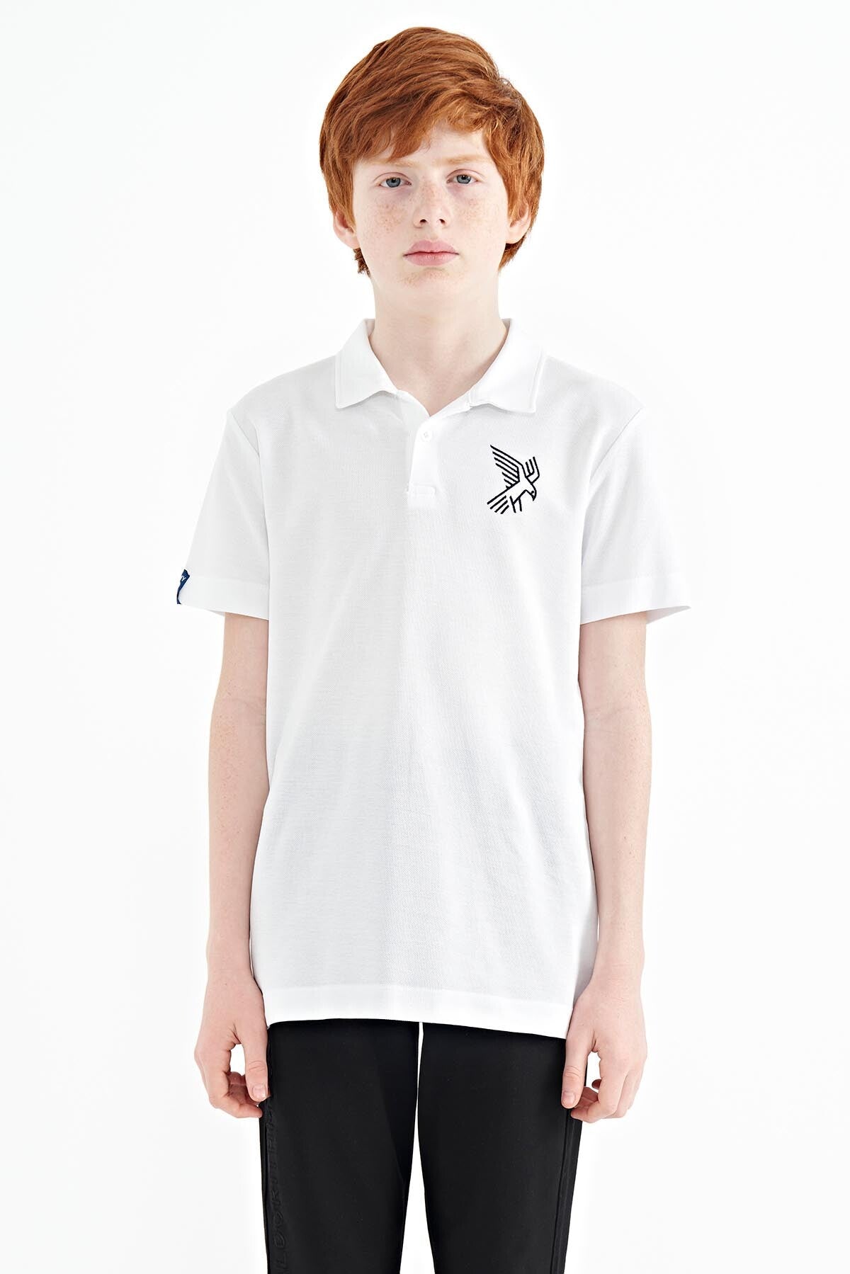 White Minimal Embroidery Detailed Standard Fit Polo Collar Boys T-Shirt - 11084